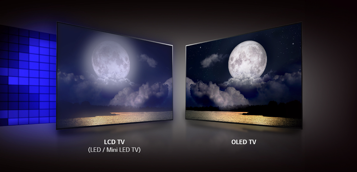 The screens of an LCD TV with blue backlight structures and an OLED TV both show a full moon above the clouds, with the OLED displaying much clearer and more vivid image quality.