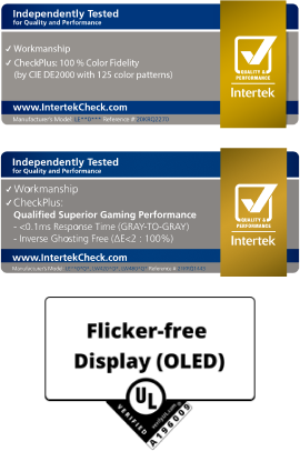Intertek 색상 구현도 인증, Intertek 우수 게이밍 성능 인증, UL 플리커 프리 인증