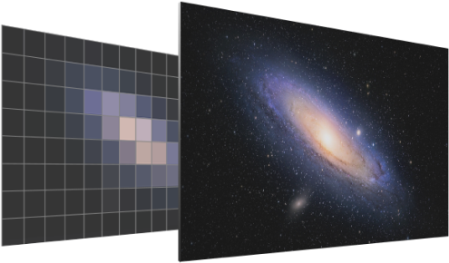 로컬 디밍 기술이 적용된 LCD 디스플레이에서 타원형 은하가 우주에서 희미하게 빛난다.