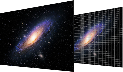 자발광 기술로 빛샘 없는 OLED 디스플레이에서 타원형 은하가 우주에서 밝게 빛난다.